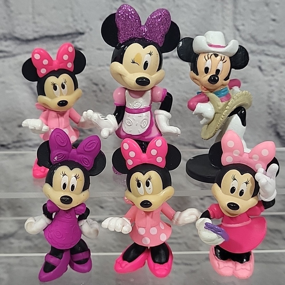 Disney Minnie Mouse Figures Lot Of 6 Pink Polka Dot Western Mini Dolls Cake Tops
